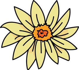 The image shows a stylized drawing of a flower with light yellow petals, a darker yellow-orange center, and a small red shape within the center. The petals are elongated and pointed, radiating outward