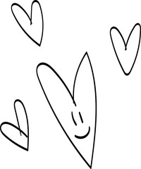 The image contains five hand-drawn hearts. Four of the hearts are plain, while one heart in the center has a smiling face drawn on it. The hearts are scattered around the image, creating a playful and