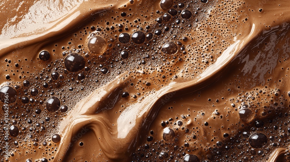 Poster a close up of a brown substance with many bubbles. the color of the year mocha mousse