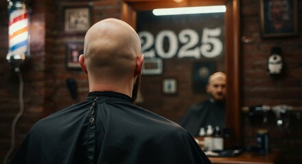 Balding man after a haircut with the year 2025 wording on the wall, barber shop background.