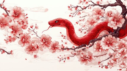 Obraz premium Red snake coiled around delicate pink cherry blossoms on a misty branch.