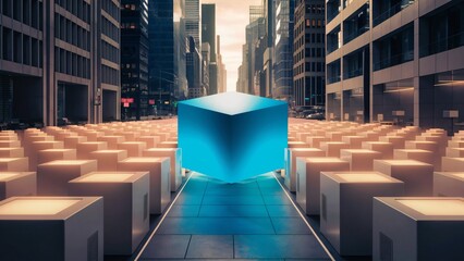 Futuristic Cityscape with Glowing Cube and Illuminated Blocks