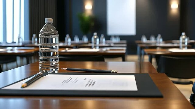 A luxurious hotel conference room setup for a business meeting, with tables adorned with plastic water bottles, white papers, and sharpened pencils.