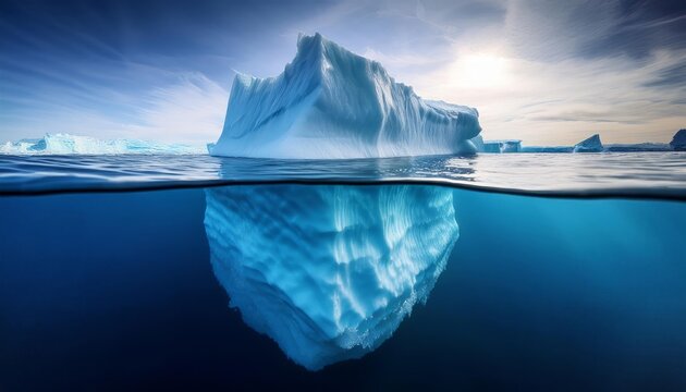 An iceberg floating in the ocean, with a small portion above water and a much larger portion submerged below