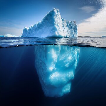 An iceberg floating in the ocean, with a small portion above water and a much larger portion submerged below
