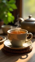 Fototapeta premium Relaxing Herbal Tea Scene with Evening Shadows and Calming Atmosphere