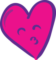 The image shows a pink heart with a purple outline. The heart has a face with closed eyes and puckered lips, giving the appearance of blowing a kiss.
