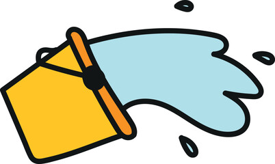 Yellow bucket tilted, light blue water pouring out in cartoon style, with droplets splashing out.
