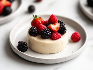 A creamy dessert topped with fresh berries on a plate.