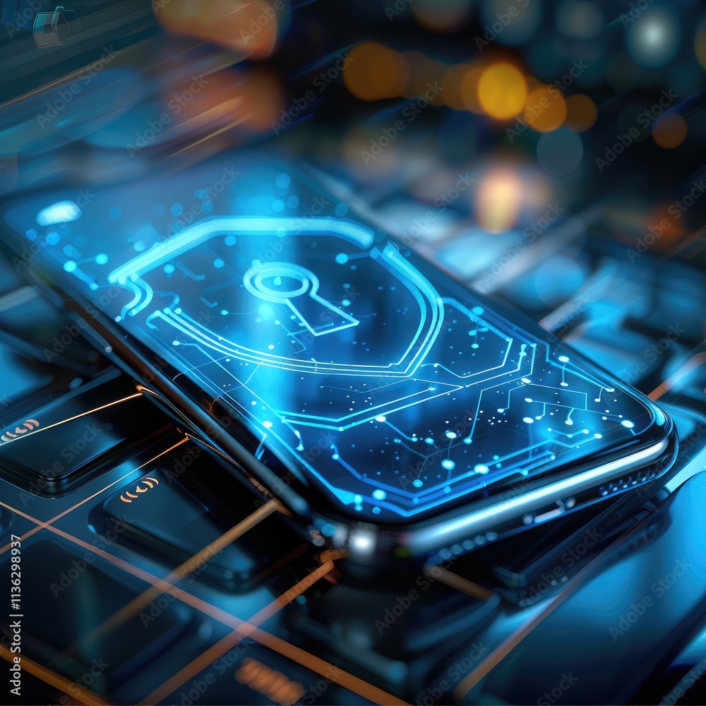Poster a blue tone holographic shield is protecting the smartphone. expressing security. the smartphone is 