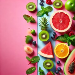 on the right Fresh fruits and mint on bright pink, on the left empty light blue isolated background
