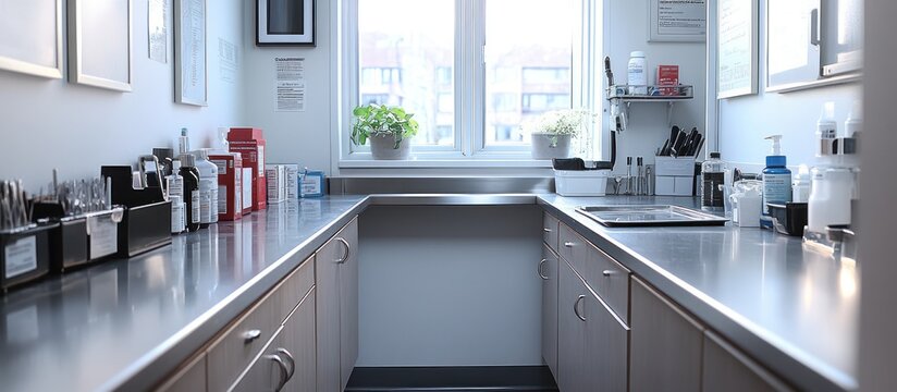 Clean, modern stainless steel kitchen counter in a small office or clinic.