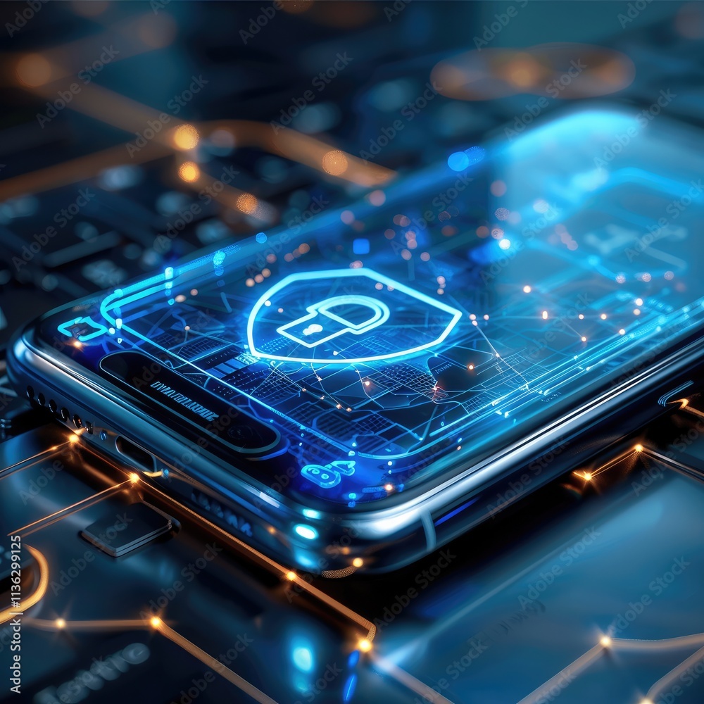 Poster a blue tone holographic shield is protecting the smartphone. expressing security. the smartphone is 