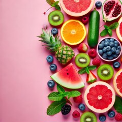 on the right Fresh fruits and mint on bright pink, on the left empty light blue isolated background
