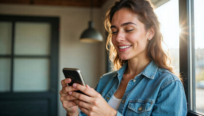 Cheerful woman holding phone with sunlight streaming in
