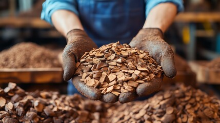 Gloved hands holding wood chips in a workshop-like environment, symbolizing sustainable materials and renewable energy, highlighting the natural and eco-friendly aspect of bioenergy production.