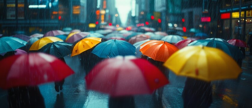 A sea of colorful umbrellas creates a vibrant tapestry against the city streets during a downpour, capturing the essence of urban life in rain. - Powered by Adobe