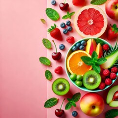 Naklejka premium on the right Fresh fruits and mint on bright pink, on the left empty light blue isolated background 