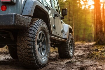 Off road beast with lifted suspension and massive tires conquering rugged terrain.