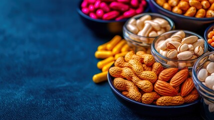 Fototapeta premium A medical training poster with glowing images of common foods that can trigger anaphylaxis, such as nuts, shellfish, and dairy.