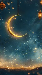 Fototapeta premium Golden Ramadan Night Sky with Lanterns and Crescent Moon