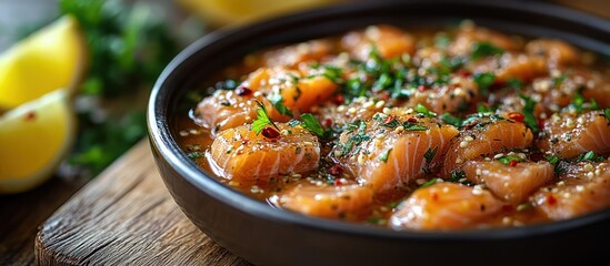 Fototapeta premium Bowl of marinated salmon cubes with sesame seeds and herbs.