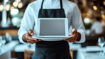 A restaurant waiter holding a tablet displaying allergen details for a dish, ensuring customer safety against anaphylaxis.