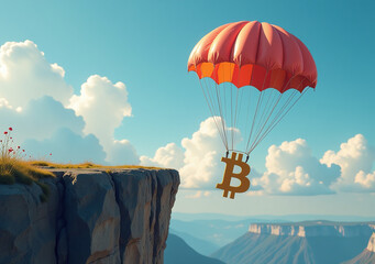 bitcoin jumps cliff safely colorful parachute attached digital