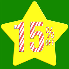 15% off Christmas candy cane effect, with yellow star and green background