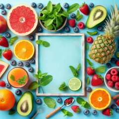 on the right Fresh fruits and mint on bright blue, on the left empty light blue isolated background
