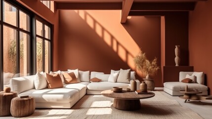 Fototapeta premium Stylish Warm-Toned Interior Design Featuring Cozy Sofa, Earthy Decor, and Natural Light in a Contemporary Living Space