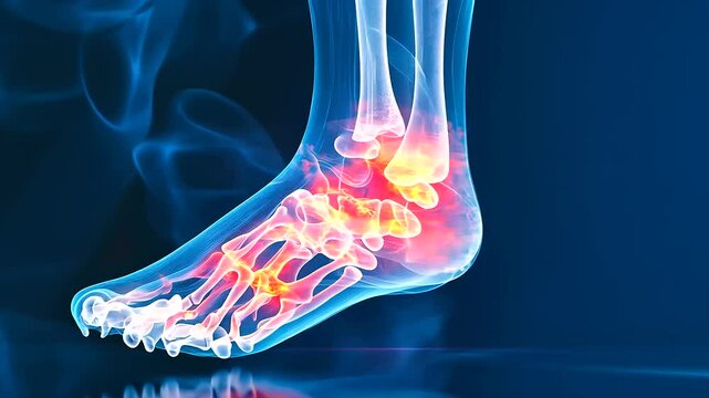 X-ray of a human ankle joint, with foot bones and joint connections highlighted in red and yellow against a vibrant blue background.
