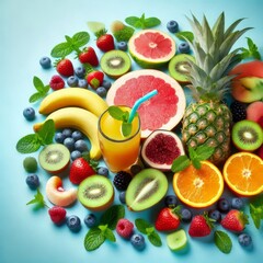 on the right Fresh fruits and mint on bright blue, on the left empty light blue isolated background
