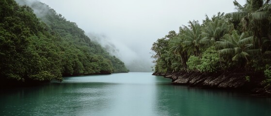 A tranquil river winds through dense green foliage under soft mist, reflecting nature’s untouched beauty and serenity.