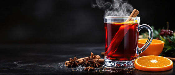 Mulled Wine Day: A clear glass mug filled with steaming mulled wine garnished with cinnamon, anise, and an orange slice.