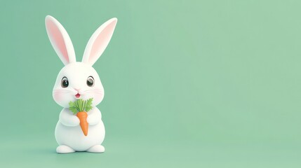 A cute cartoon bunny holding a carrot on a green background.