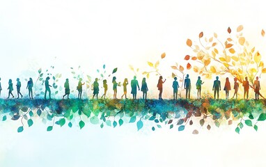 An illustration of a diverse group of people collaborating and connected in a community, with soft colors, abstract design, and leaves symbolizing teamwork and social interaction