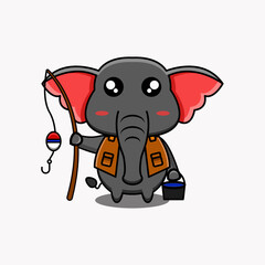 vector design illustration of an elephant mascot holding a fishing rod