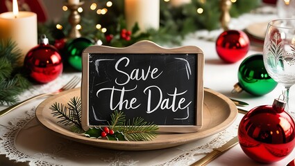 Save the Date greeting card a Black slate board with gold writing text. Christmas decoration with ornaments candles tree and christmas lights in the background