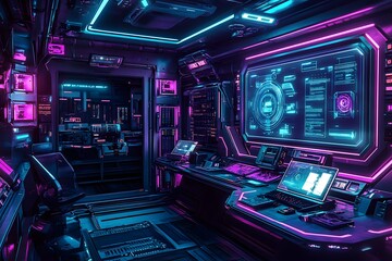 Fototapeta premium futuristic data center with neon blue glowing server room, sci-fi digital technology, network control, and holographic visualization