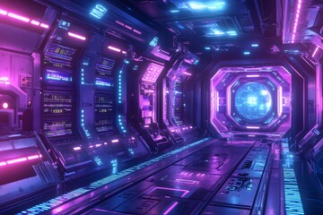 futuristic data center with neon blue glowing server room, sci-fi digital technology, network control, and holographic visualization