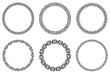 Set of decorative lace tribal frames. Openwork circle ethnic ornate. Geometric round frame border on white background. Mayan style meander pattern. Vector