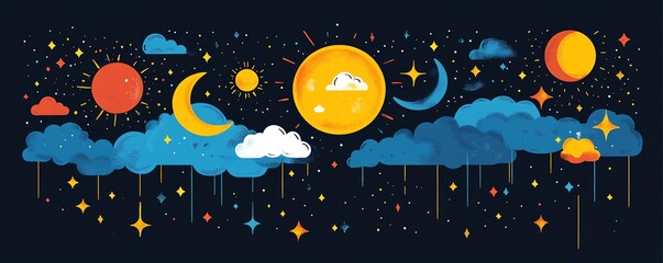 Vibrant weather icons with a stylized design depicting sunshine, rain, clouds, and night sky elements, representing different weather conditions in bold colors