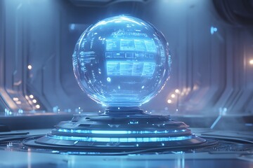 futuristic ai technology hub with glowing neon sphere, holographic digital interface, and advanced sci-fi concept in minimalistic setting