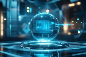 futuristic ai technology hub with glowing neon sphere, holographic digital interface, and advanced sci-fi concept in minimalistic setting