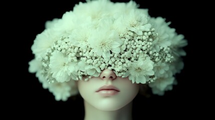 Abstract contemporary portrait of a young woman with flowers on her face. The flowers obscure her eyes, representing the beauty of nature and the mystery of personal identity.