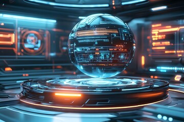 futuristic ai technology hub with glowing neon sphere, holographic digital interface, and advanced sci-fi concept in minimalistic setting