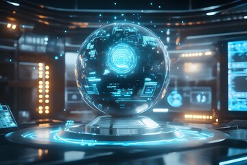 Fototapeta premium futuristic ai technology hub with glowing neon sphere, holographic digital interface, and advanced sci-fi concept in minimalistic setting
