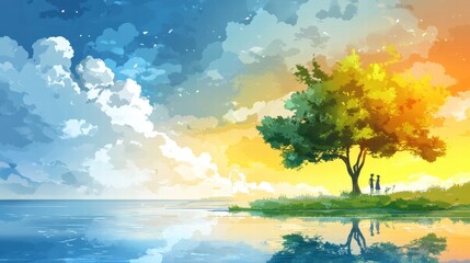 Fototapeta premium Couple Silhouetted Against Sunset by Lake