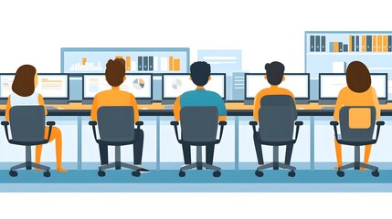 Obraz premium A team connecting remotely through laptops and mobile devices while sitting in a shared hybrid office, collaborative vibe, wide view